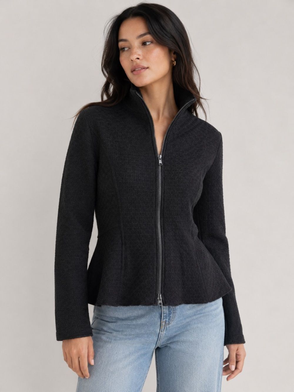 Sno Skins Black Textured Peplum Zip Front Jacket Made in USA Size Medium